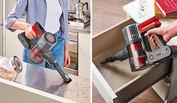 L'image montre une jeune fille qui aspire les surfaces délicates avec l'aspirateur portable Polti Forzaspira D-Power SR550.