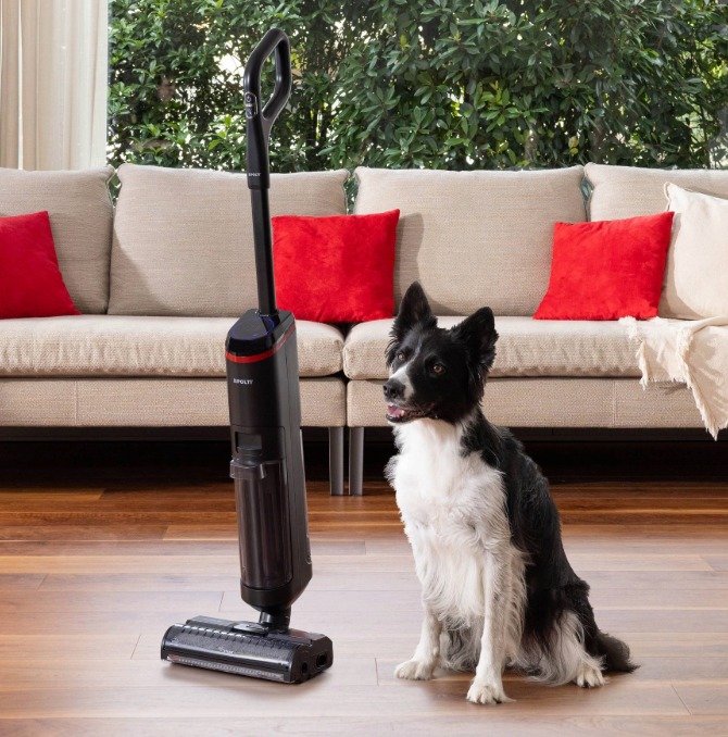 Le Polti Rollysteam avec un chien dans un salon