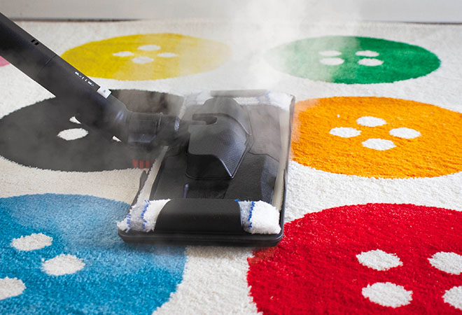 L'image montre le brosse d'un nettoyeur vapeur sur un tapis